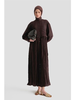 Armine Kırışık Efektli Kupra Elbise Acı Kahve