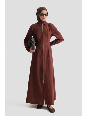 Armine Fermuar Detaylı Fitted Elbise Kahve