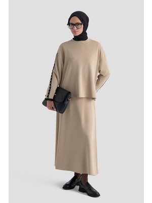 Armine Şeritli Örme Takım Bej