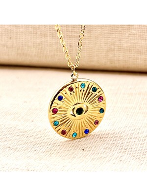 Normadia Renkli Taşlı Çelik Göz Kolye Hediye Kutulu Şık Takı