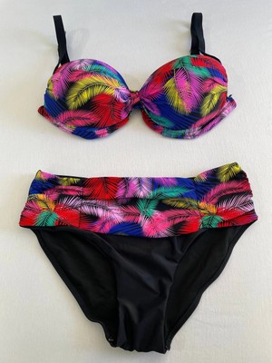 Hazelin Kadın Siyah Sarı Kırmızı Çok Renk Desenli  Astarlı Büyük Beden Bikini Takımı HZL25S-LC06
