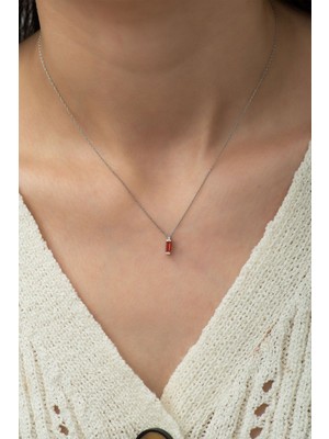 Normadia Turuncu Renkli 925 Ayar Gümüş Dikdörtgen Tektaş Kolye