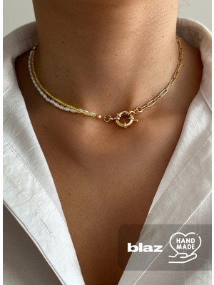 Normadia Şık Inci ve Altın Kaplama Gemici Kilitli Choker Kolye