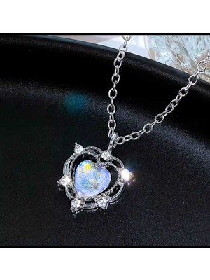 Normadia Şeffaf Opal Taşlı, Gümüş Renkli Kalpli Kolye, 1 Yıl Garantiyle