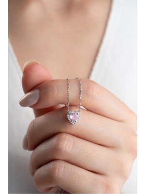 Normadia 925 Ayar Gümüş Pembe Kalp Zirkon Taşlı Kolye