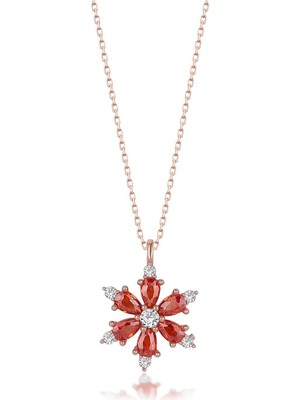 Normadia Gümüş Zincirli Garnet Taşlı Rose Kaplama Lotus Kamelya Çiçekli Kolye
