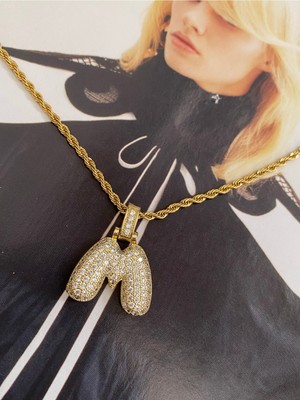 Normadia M Harfi Balon Kolye, Zirkon Taşlı, Paslanmaz Çelik, Kadın Takı