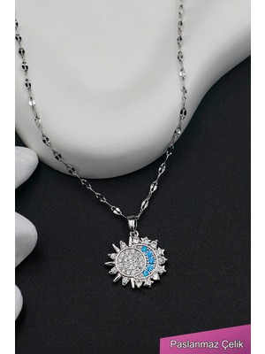 Normadia Kadın Gümüş Çelik Güneş ve Ay Temalı Zarif Kolye, Şık Takı