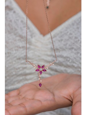 Normadia 925 Ayar Gümüş Daldaki Gonca Pembe Çiçek Kolye