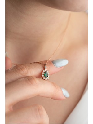 Normadia 925 Ayar Gümüş Rose Kaplama Zümrüt Taşlı Kadın Kolye