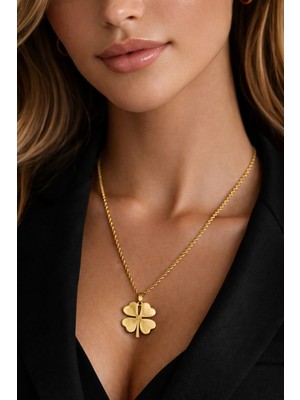 Normadia Şık Uzun Burgu Zincirli Paslanmaz Çelik Yonca Kolye