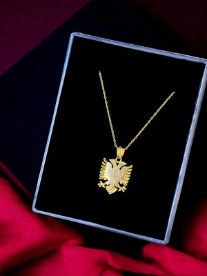 Normadia Taşlı Çift Başlı Kartal, Arnavutluk Sembolü, Gold Tasarım, 925 Ayar Gümüş Kolye