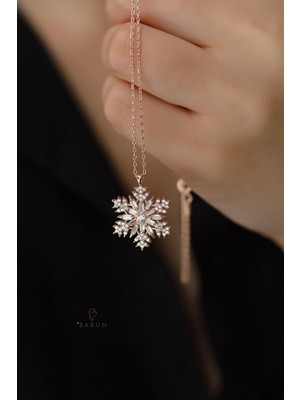 Normadia Gümüş Zincirli Rose Pembe Kar Tanesi Baget Kolye, 925 Ayar Zirkon Taşlı