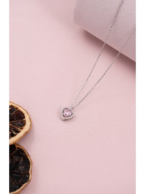 Normadia 925 Ayar Gümüş Pembe Kalpli Zirkon Taşlı Şık Kolye
