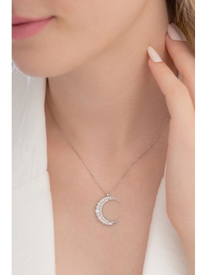Normadia Zirkon Taşlı Hilal Kadın Gümüş Kolye, Şık ve Zarif Takı Hediye