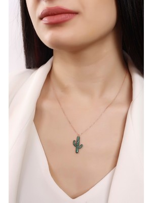 Normadia Yeşil Taşlı Kaktüs Tasarımlı Zarif Kadın Kolye