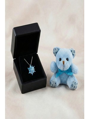 Normadia 925 Ayar Gümüş Işıklı Aqua Taşlı Lotus Kolye ve Anahtarlık Seti