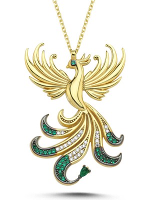 Normadia Yeşil Taşlı Anka Kuşu Altın Kaplama Şık Takı