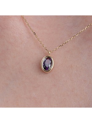 Normadia 925 Ayar Gümüş Ametist Taşlı Minimal Oval Kolye