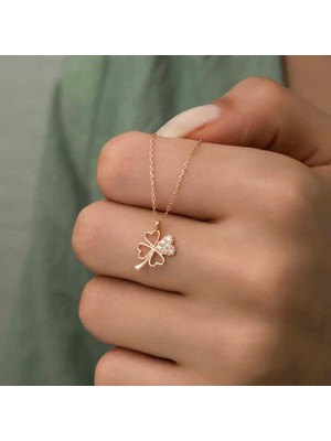 Normadia 925 Ayar Gümüş Rose Kalpli Dört Yapraklı Yonca Kadın Kolye