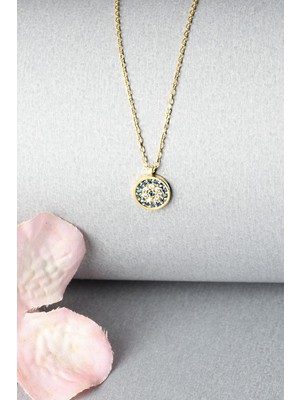 Normadia Yuvarlak Mavi Taşlı 925 Ayar Gümüş Nazar Boncuklu Kolye