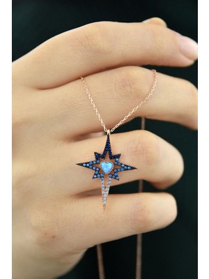 Normadia Mavi Akışlı Kalpli Yıldızlı 925 Ayar Gümüş Rose Kaplama Kolye