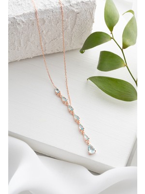 Normadia 925 Ayar Gümüş Rose Kaplama Aquamarine Sıralı Damla Taşlı Kolye