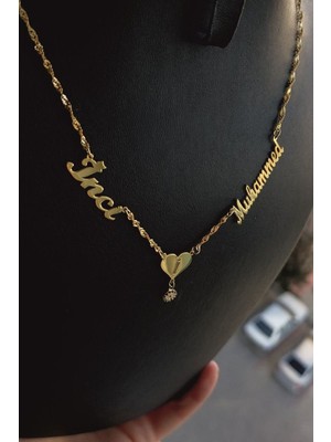 Normadia 925 Ayar Gümüş ve 24 Ayar Altın Kaplama Kalpli Iki Isimli Kolye