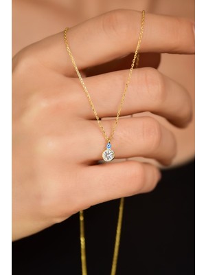 Normadia 925 Ayar Gümüş Gold Kaplama Göz Mineli Zirkon Taşlı Yuvarlak Kolye