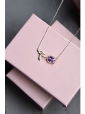 Normadia Mor Taşlı Rodyum Kaplama Gümüş Kolye, Şık ve Zarif Takı Hediye