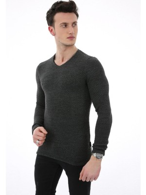 Evolaria Düz Kabartma Desenli V Yaka Erkek Günlük Triko Kazak
