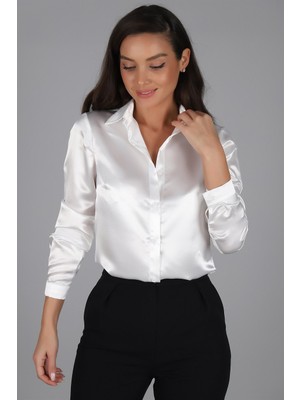 SWEETNESS Kadın Kırık Beyaz Saten Uzun Kol Abiye Gömlek