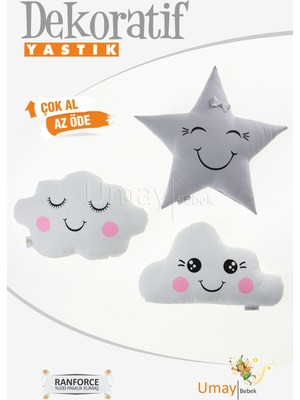 Umaybebek Bebek Çocuk Odası Dekoratif Yastık, Yıldız Yastık, Bulut Yastık, Dekor Yastık