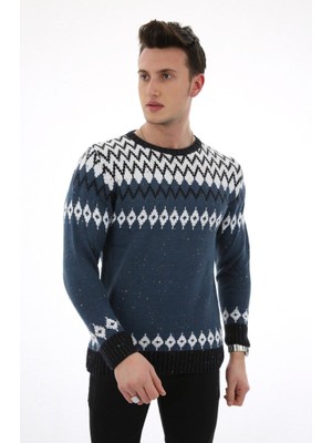 Evolaria Desenli Mavi Kalın Kışlık Erkek Günlük Triko Kazak