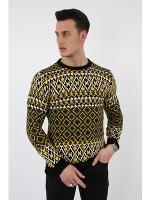 Evolaria Desenli Çok Renkli Sıfır Yaka Kalın Erkek Günlük Triko Kazak