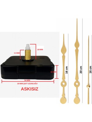 UltraMint Sessiz Metal Duvar Saati Mekanizması, Şekilli Model, 18 mm Akar Askısız