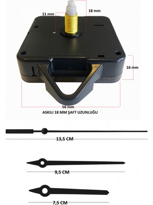 UltraMint Sessiz Duvar Saati Mekanizması, 18 mm Askılı, Akrep, Yelkovan, Saniye, T. Model