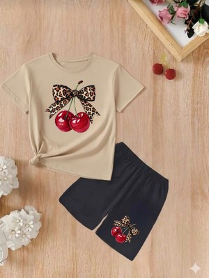 Doce Elegante Kiraz Kurdale Baskılı Yazlık Kız Çocuk Takım