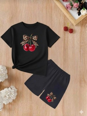 Doce Elegante Kiraz Kurdale Baskılı Yazlık Kız Çocuk Takım