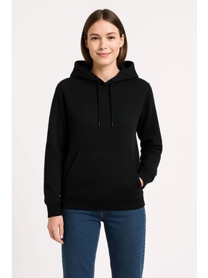Giyim Center Kadın Üç Iplik Kapüşonlu Kanguru Cepli Sweatshirt Hoodie - Siyah