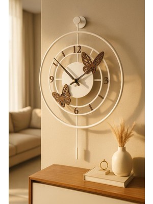 UltraMint Büyük Boy Pony Kelebek Desenli Beyaz/ceviz Metal Duvar Saati 50X75