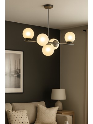 Modern Gri ve Beyaz Camlı 5'li Salon ve Mutfak Avizesi