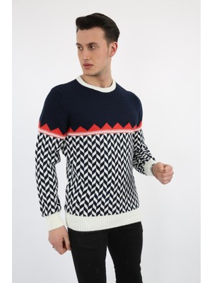 Evolaria Üçgen Desenli Lacivert Kalın Kışlık Günlük Triko Kazak