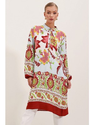 Queene Dreams 5903 Desenli Viskon Elbise - Bordo