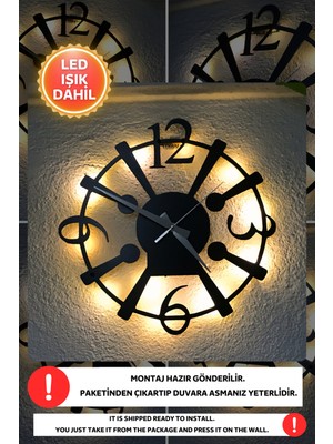 UltraMint Modern Siyah Ahşap LED Işıklı Sayılar Duvar Saati 40X40CM
