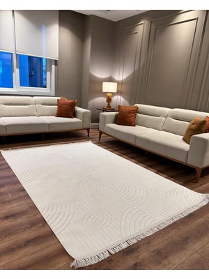 Doğuş Peluş Halı Doğuş Modern Beyaz Kabartma Desenli Saçaklı Makine Halısı