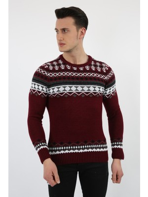 Evolaria Karışık Desenli Bordo Kalın Kışlık Günlük Triko Kazak