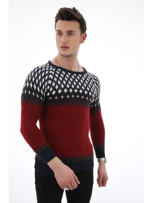 Evolaria Baklava Desenli Bordo Kalın Kışlık Erkek Günlük Triko Kazak