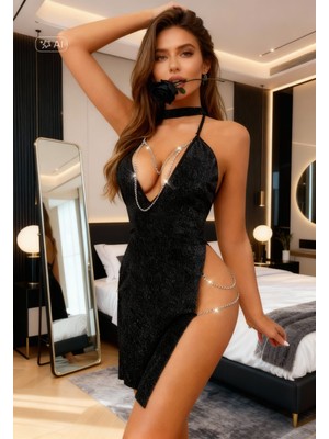 NiCe İç Giyim Siyah Simli Zincir Detaylı Seksi Fantazi Gece Kadın Elbisesi