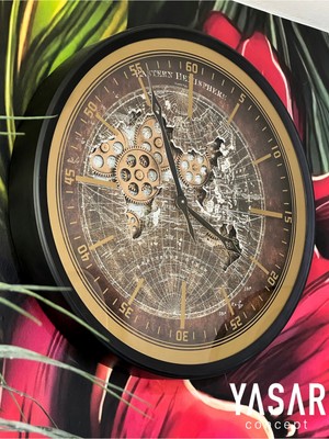 UltraMint Şık Dünya Haritalı Metal Çarklı Duvar Saati, Gold Detay, 60 cm